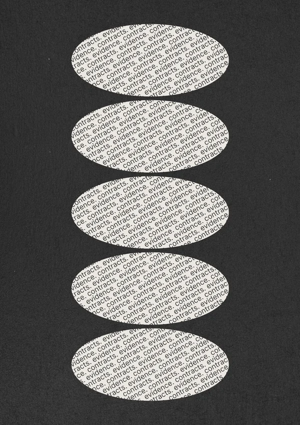 Poster: stacked discs filled with the words contracts and evidence